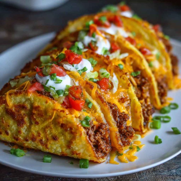 "A tray of oven-baked cheesy tacos filled with seasoned beef, melted cheese, and fresh toppings."