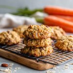 "A stack of easy carrot cake oatmeal cookies with shredded carrots, oats, raisins, and cream cheese drizzle."