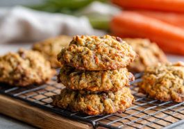 "A stack of easy carrot cake oatmeal cookies with shredded carrots, oats, raisins, and cream cheese drizzle."
