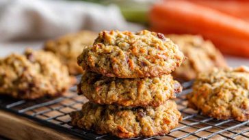"A stack of easy carrot cake oatmeal cookies with shredded carrots, oats, raisins, and cream cheese drizzle."