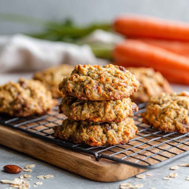 "A stack of easy carrot cake oatmeal cookies with shredded carrots, oats, raisins, and cream cheese drizzle."