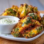 "A plate of crispy broccoli cheddar poppers served with a dipping sauce, perfect for a healthy snack."