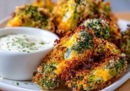 "A plate of crispy broccoli cheddar poppers served with a dipping sauce, perfect for a healthy snack."