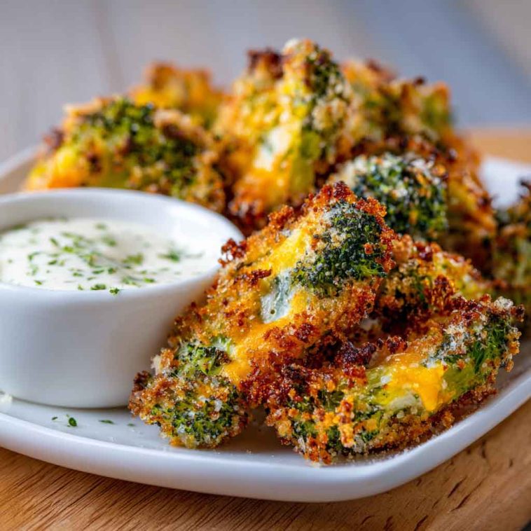 "A plate of crispy broccoli cheddar poppers served with a dipping sauce, perfect for a healthy snack."