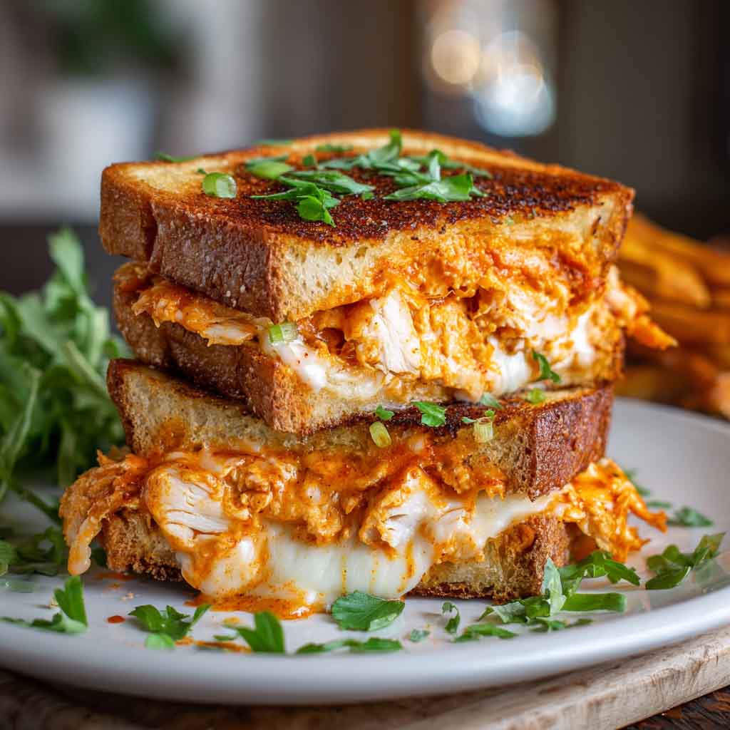Buffalo chicken grilled cheese sandwich with melted cheese oozing from golden bread