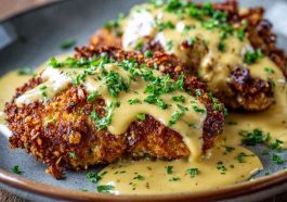 Crispy pretzel-crusted chicken served with creamy mustard-cheddar sauce