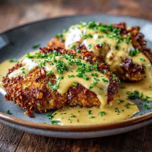 Crispy pretzel-crusted chicken served with creamy mustard-cheddar sauce