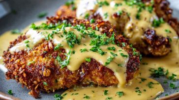 Crispy pretzel-crusted chicken served with creamy mustard-cheddar sauce