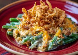 Cheddar Bay green bean casserole baked with tender green beans, creamy sauce, melted cheddar, and buttery biscuit topping.