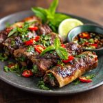 Thai basil beef rolls wrapped in rice paper with fresh herbs and dipping sauce