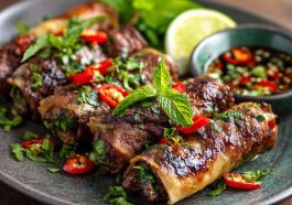 Thai basil beef rolls wrapped in rice paper with fresh herbs and dipping sauce