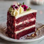 Slice of red velvet cheesecake layer cake with cream cheese frosting