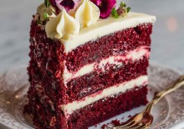 Slice of red velvet cheesecake layer cake with cream cheese frosting