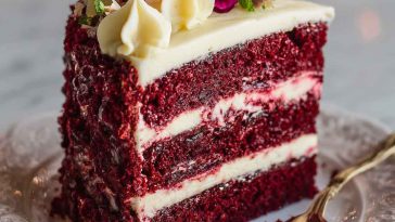 Slice of red velvet cheesecake layer cake with cream cheese frosting