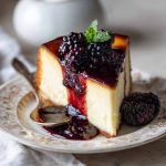 "A rich London Fog Basque cheesecake topped with blackberry sauce and garnished with fresh berries."