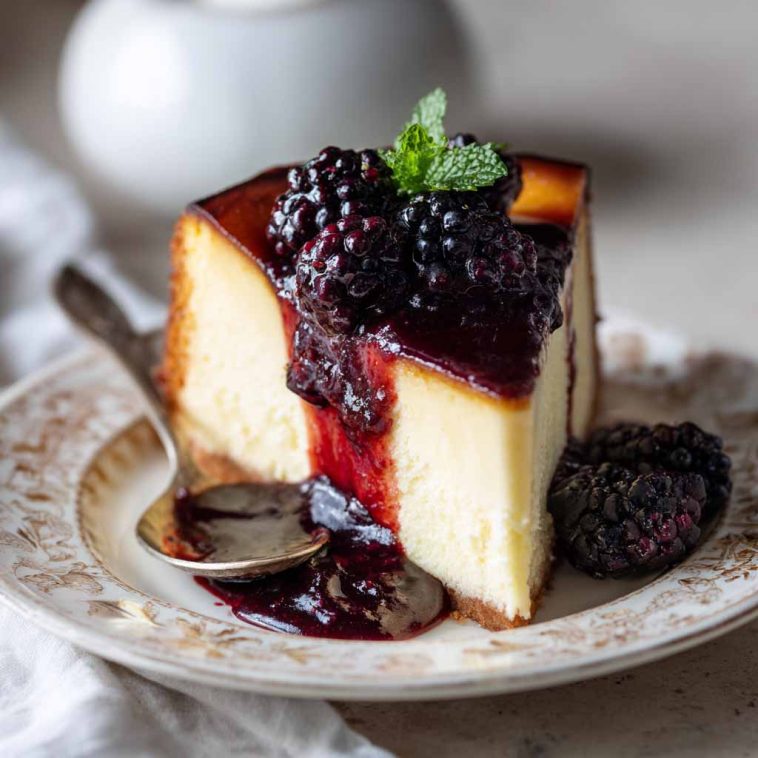 "A rich London Fog Basque cheesecake topped with blackberry sauce and garnished with fresh berries."