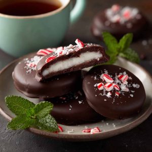 "Homemade peppermint patties made with 5 simple ingredients, coated in rich dark chocolate and stacked on a plate."