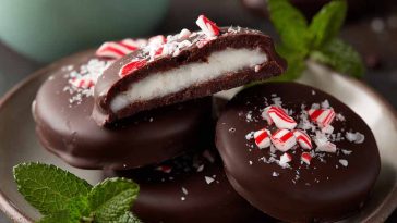 "Homemade peppermint patties made with 5 simple ingredients, coated in rich dark chocolate and stacked on a plate."