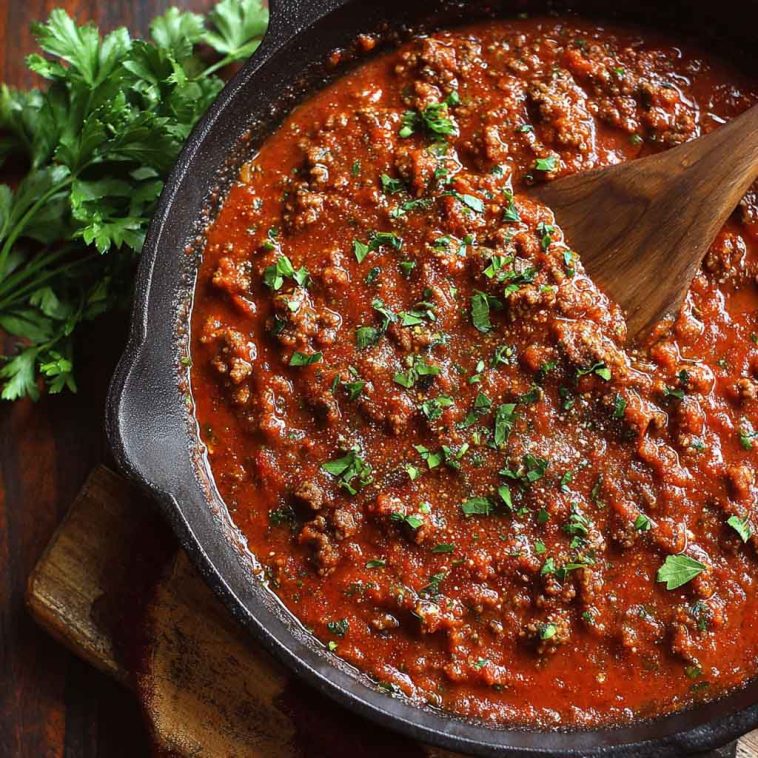 "A pot of authentic Italian gravy simmering with tomatoes, herbs, and meat, served over pasta."