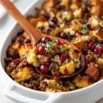 Cranberry sausage stuffing baked with bread cubes, savory sausage, tart cranberries, and fresh herbs served in a casserole dish.