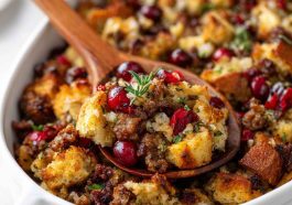 Cranberry sausage stuffing baked with bread cubes, savory sausage, tart cranberries, and fresh herbs served in a casserole dish.