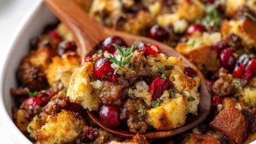 Cranberry sausage stuffing baked with bread cubes, savory sausage, tart cranberries, and fresh herbs served in a casserole dish.