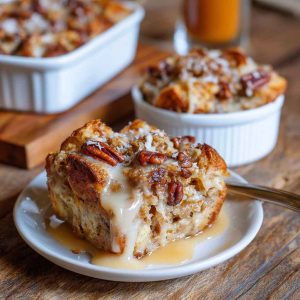 Toasted coconut pecan bread pudding baked golden brown in a casserole dish