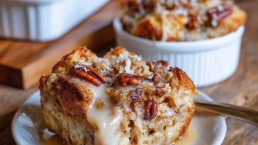 Toasted coconut pecan bread pudding baked golden brown in a casserole dish