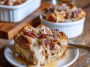 Toasted coconut pecan bread pudding baked golden brown in a casserole dish