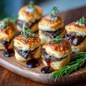 Mini beef Wellington bites with tender beef, mushroom duxelles, and puff pastry baked golden brown, served as elegant appetizers.
