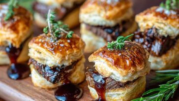 Mini beef Wellington bites with tender beef, mushroom duxelles, and puff pastry baked golden brown, served as elegant appetizers.