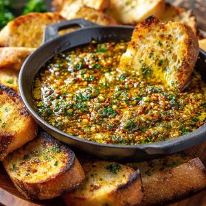 Delicious loaded bread dipping oil made with olive oil, garlic, herbs, and spices, served with crusty bread.