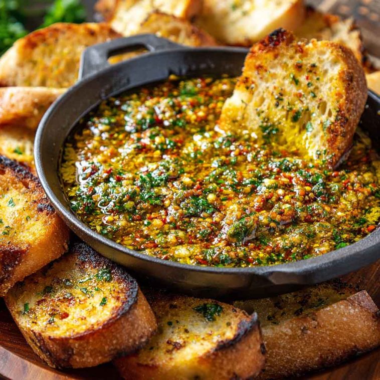 Delicious loaded bread dipping oil made with olive oil, garlic, herbs, and spices, served with crusty bread.
