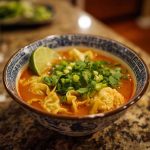 Red curry wonton soup with tender wontons in a spicy coconut curry broth, garnished with fresh herbs.