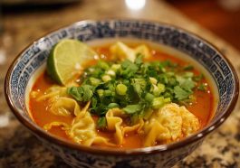 Red curry wonton soup with tender wontons in a spicy coconut curry broth, garnished with fresh herbs.