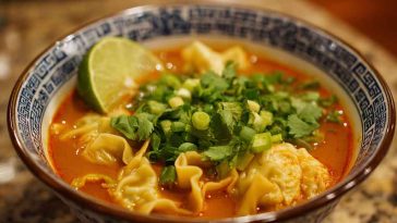 Red curry wonton soup with tender wontons in a spicy coconut curry broth, garnished with fresh herbs.