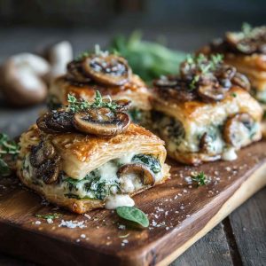Creamy mushroom and spinach stuffed pastry bites baked golden brown, filled with savory mushroom, spinach, and cream cheese mixture.