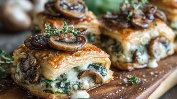 Creamy mushroom and spinach stuffed pastry bites baked golden brown, filled with savory mushroom, spinach, and cream cheese mixture.