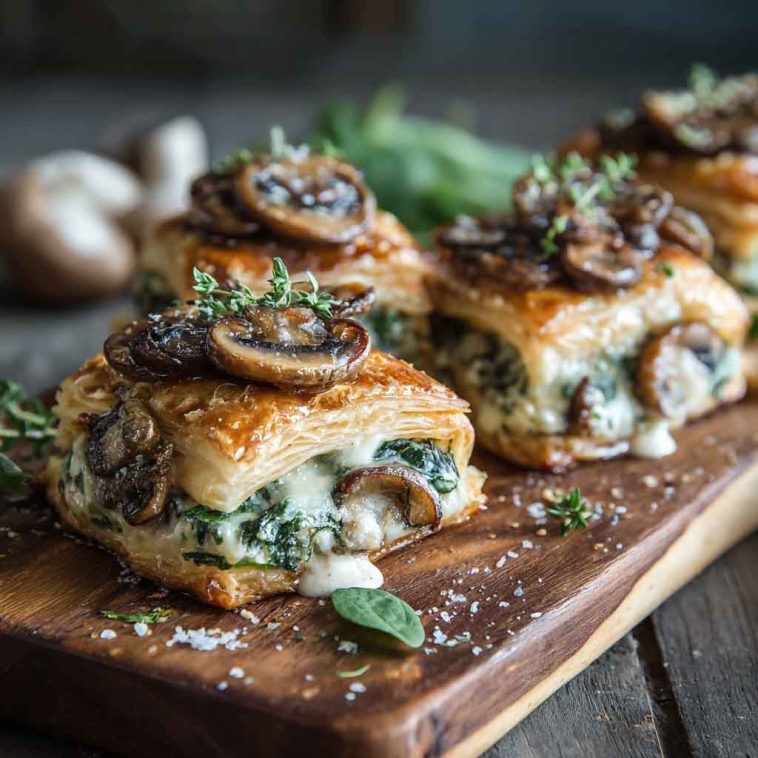 Creamy mushroom and spinach stuffed pastry bites baked golden brown, filled with savory mushroom, spinach, and cream cheese mixture.