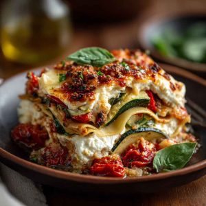 Layered Mediterranean vegetable lasagna baked with zucchini, eggplant, bell peppers, tomatoes, and creamy ricotta cheese, topped with golden melted mozzarella.