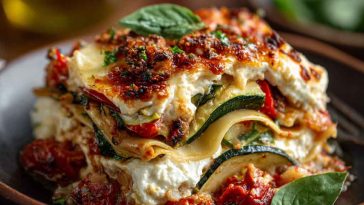 Layered Mediterranean vegetable lasagna baked with zucchini, eggplant, bell peppers, tomatoes, and creamy ricotta cheese, topped with golden melted mozzarella.
