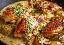 Skillet of Irish chicken in whiskey cream sauce garnished with fresh herbs