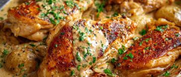 Skillet of Irish chicken in whiskey cream sauce garnished with fresh herbs