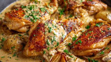 Skillet of Irish chicken in whiskey cream sauce garnished with fresh herbs
