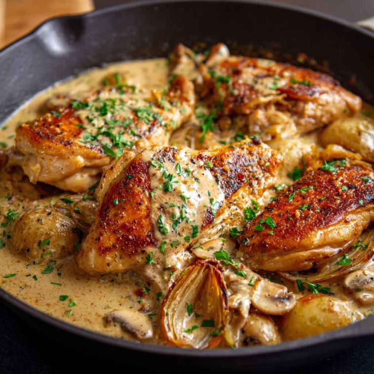 Skillet of Irish chicken in whiskey cream sauce garnished with fresh herbs