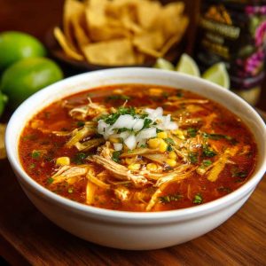 Bowl of poblano chicken tortilla soup topped with crispy tortilla strips, avocado, and cilantro.