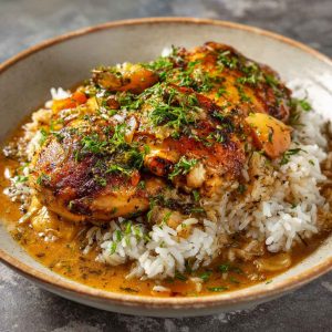 "A hearty plate of smothered chicken served over fluffy rice with rich gravy and fresh herbs."