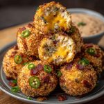 Bacon jalapeño popper cheese balls coated in crispy bacon bits, filled with creamy cheese and spicy jalapeños, served on a party platter.