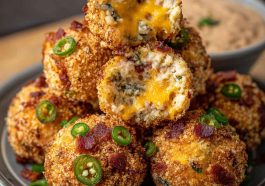 Bacon jalapeño popper cheese balls coated in crispy bacon bits, filled with creamy cheese and spicy jalapeños, served on a party platter.