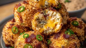 Bacon jalapeño popper cheese balls coated in crispy bacon bits, filled with creamy cheese and spicy jalapeños, served on a party platter.